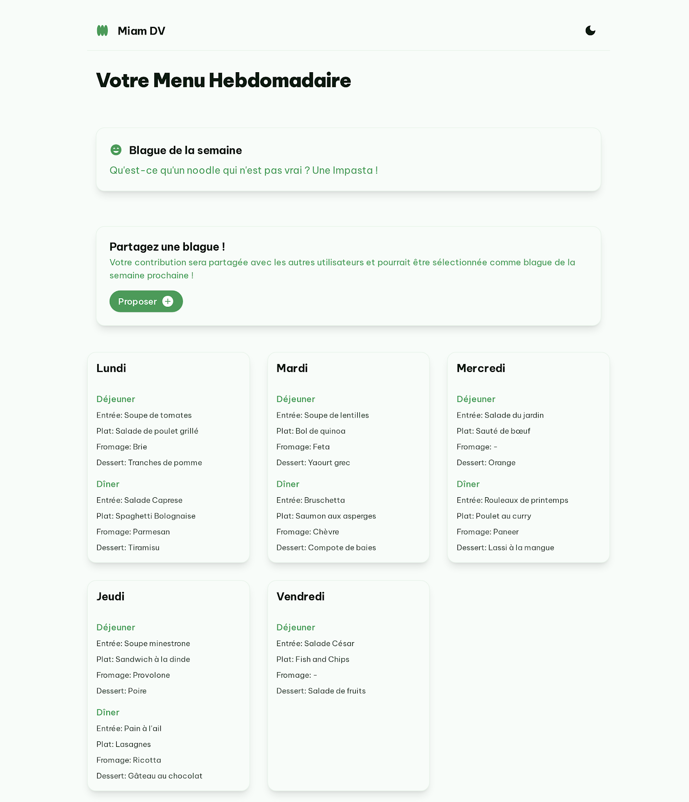 Capture du projet Miam DV — Menus accessibles