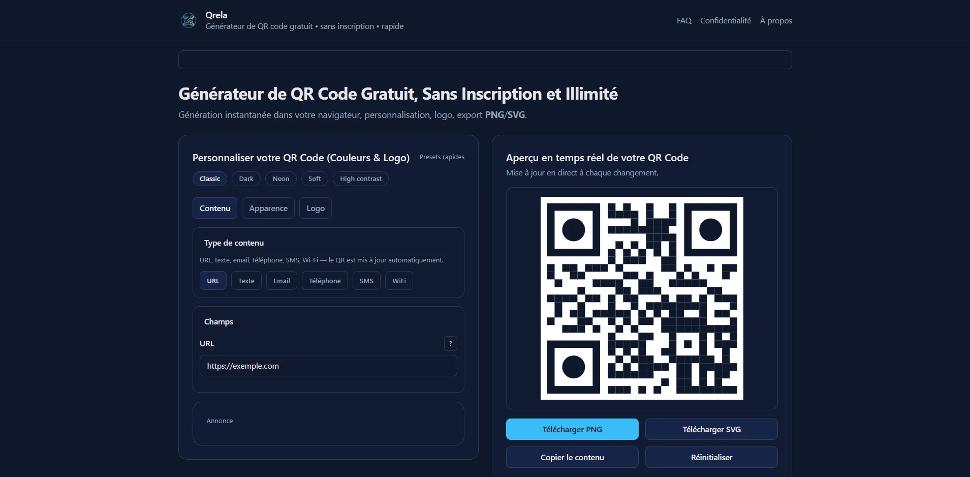 Capture du projet Qrela — Générateur de QR code