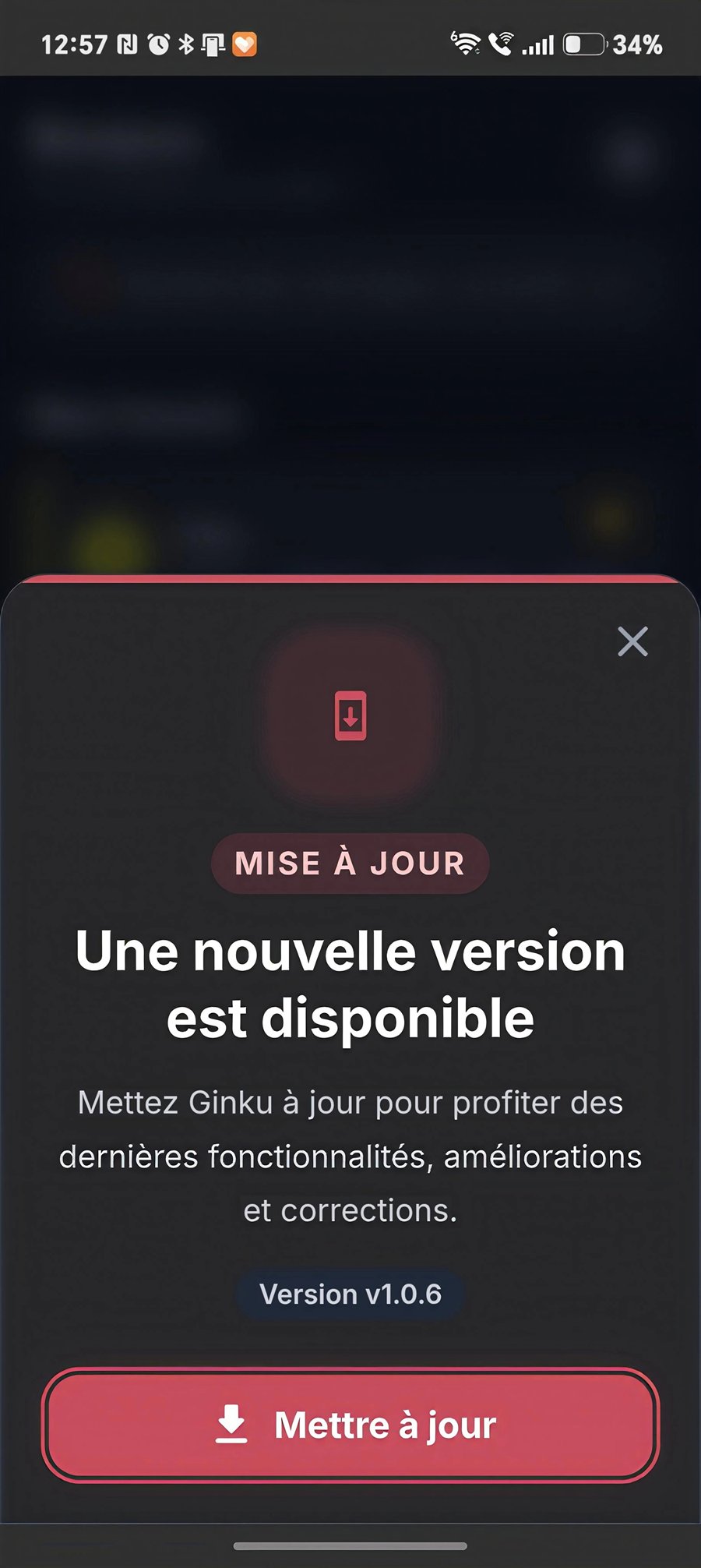 Fenêtre proposant de télécharger la version 1.0.6 de l’application Ginku sur Android