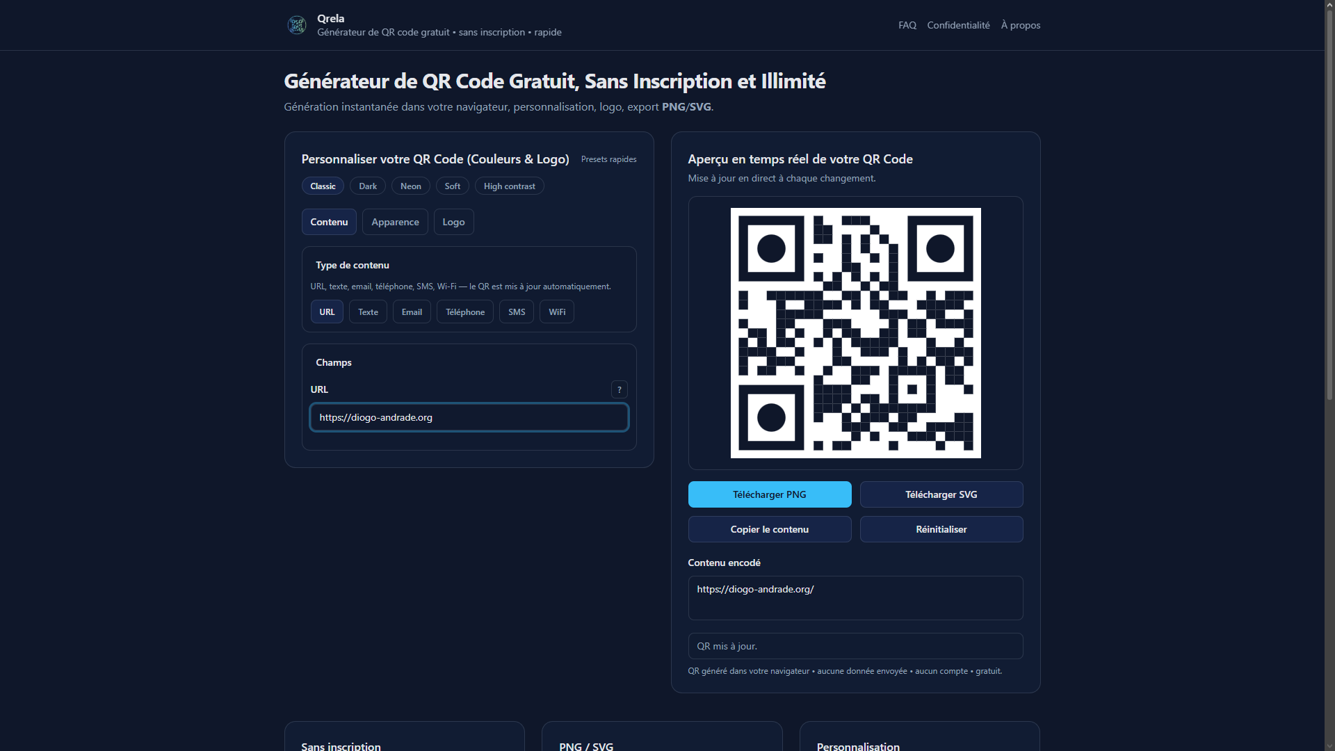 Interface de Qrela avec l’aperçu d’un QR code et les options permettant de modifier son contenu.